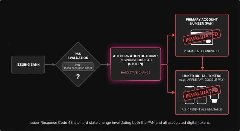 Realistic checkout outcome showing a saved card on file disabled after Error 43 and prompting selection of a different card.