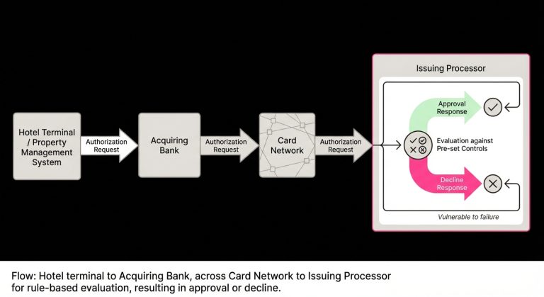 Diagram of a hotel virtual card authorization request moving through acquiring bank and card network to the issuing processor for rule-based approval or decline.