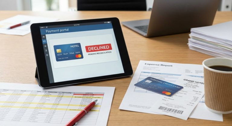 Realistic depiction of the outcome of a failed travel virtual card payment, with guest out-of-pocket payment and unresolved reimbursement and reconciliation.