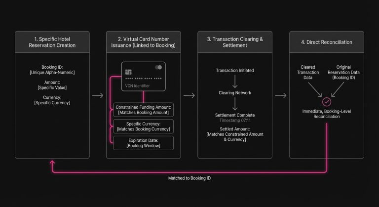Diagram of a Virtual Card Number tied to one booking, fixed amount and currency, then cleared and matched directly in reconciliation.