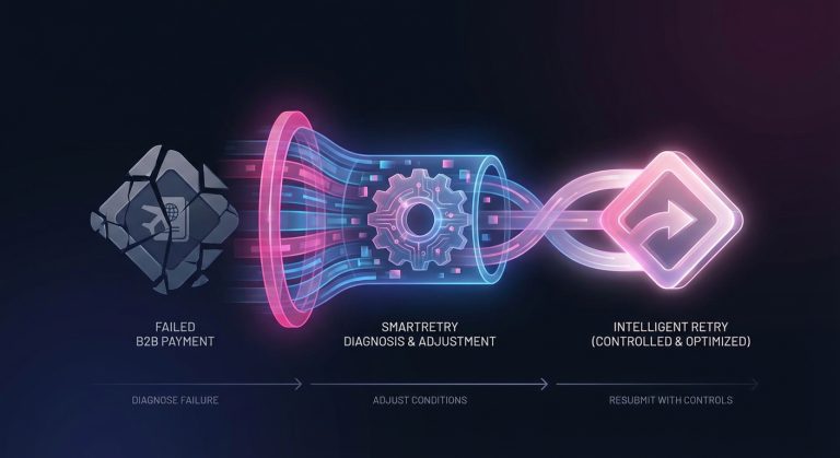 Conceptual image of SmartRetry-based payment optimization diagnosing a failed travel payment and triggering a controlled intelligent retry with adjusted parameters.