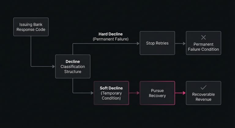 Diagram classifying issuing bank response codes into hard and soft declines, showing which outcomes are recoverable revenue opportunities.