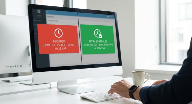 Realistic image representing the outcome of SmartRetry using decline codes and optimal time windows to recover declined payment transactions while preserving approval rates.