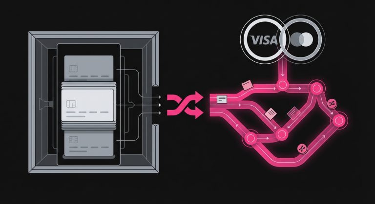 Conceptual image showing how network tokenization connects vaulted cards to scheme-level credentials from Visa and Mastercard for more reliable recurring payments.