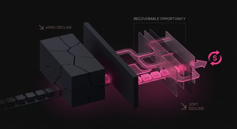 Conceptual comparison of hard declines versus soft declines based on permanence and revenue recovery potential.