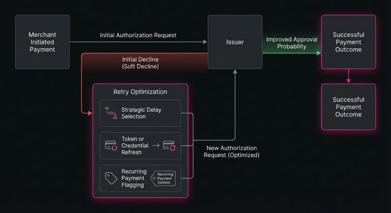 Diagram showing strategic delays, network tokenization, and merchant-initiated recurring payment context improving issuer retry outcomes.
