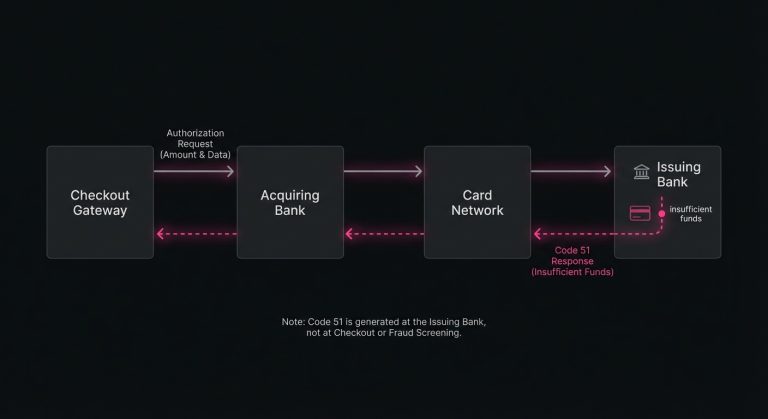 Diagram of a payment authorization moving from checkout gateway through acquiring bank and card network to issuing bank, which returns Code 51 for insufficient funds.