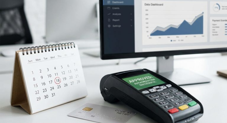 Realistic depiction of a payment state changing from Code 51 insufficient funds to successful authorization after a payday-aligned retry.