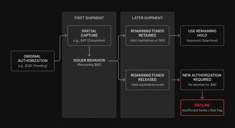 Diagram showing an original authorization used for a partial capture on an initial shipment, with later outcomes depending on whether remaining funds stay held or are released.