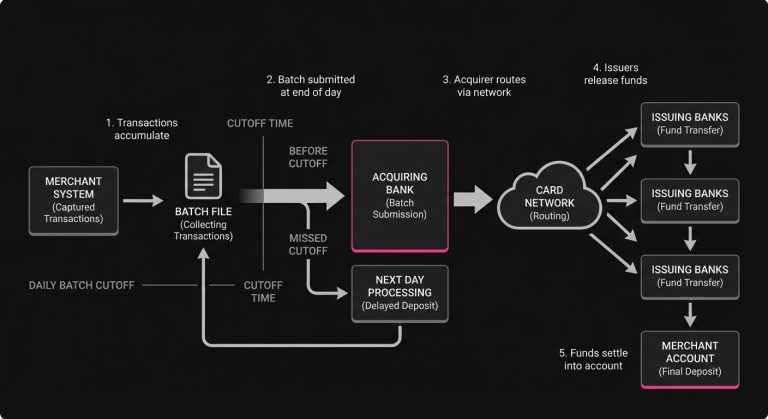 Diagram of captured transactions entering a batch file, moving through the acquiring bank and issuing banks, and settling later into the merchant account.