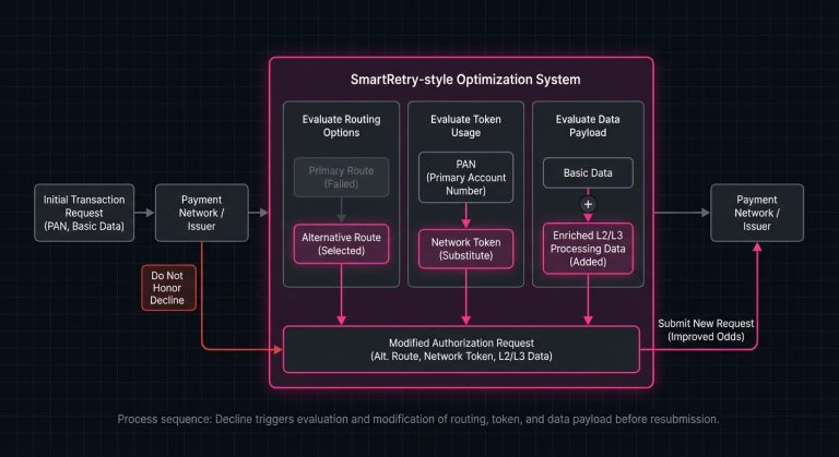 Diagram showing SmartRetry-driven retry optimization through dynamic routing, network tokens, and Level 2 or Level 3 data enrichment after a Do Not Honor decline.