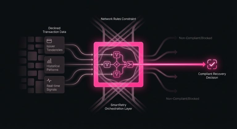 Conceptual image of SmartRetry evaluating a declined transaction and directing payment optimization decisions within network rules.