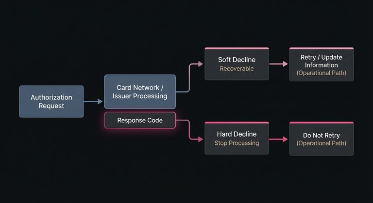 Diagram showing an authorization request returning a response code that is classified into hard declines or soft declines for different recovery handling.