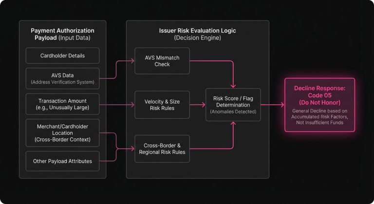 Diagram linking payment authorization payload factors like AVS mismatch and cross-border transaction context to a Code 05 Do Not Honor issuer response.