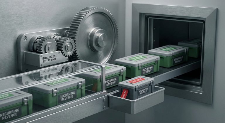 Realistic illustration of subscription billing continuity after intelligent retries recover insufficient fund declines and preserve recurring revenue.