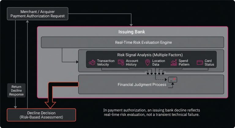 Diagram of payment authorization being evaluated by an issuing bank through multiple risk signals before producing a decline.
