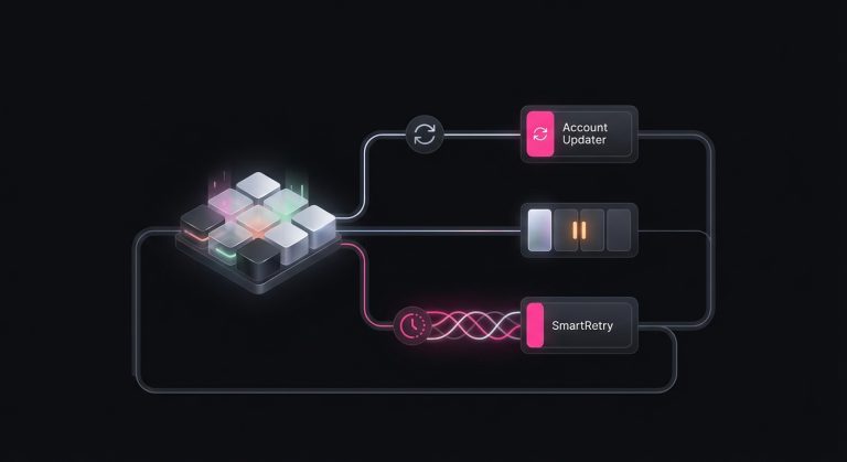 Conceptual image of payment optimization using Account Updater, SmartRetry, and specific decline codes to choose the correct recovery path.