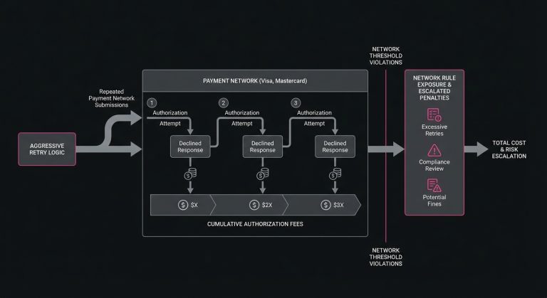 Diagram showing repeated declined retries through the payment network accumulating fees and crossing Visa and Mastercard retry thresholds.