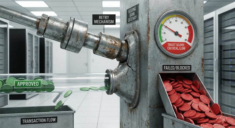 Realistic representation of a merchant's deteriorating standing with issuing banks leading to lower transaction approval rates over time.