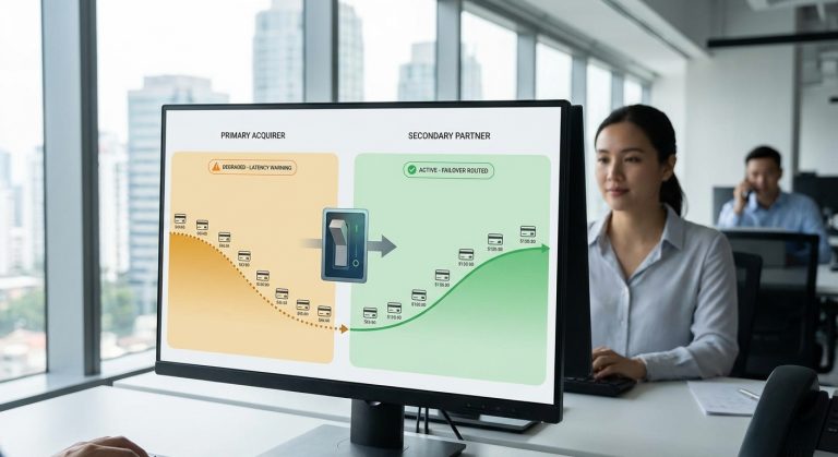 Realistic representation of payment continuity maintained by a routing layer that redirects volume from a degraded acquirer to a secondary partner.