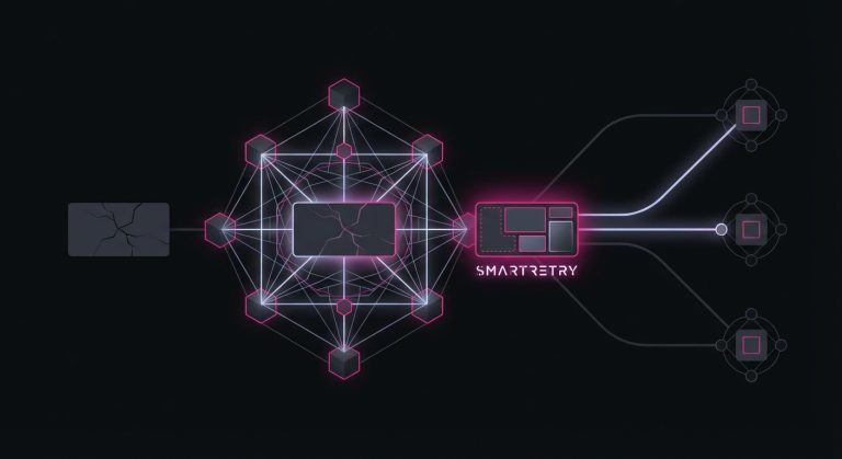 Conceptual image of an orchestration layer using SmartRetry to transform a failed payment into a differently routed retry across acquirers.