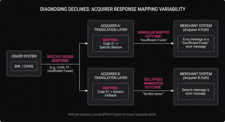 Diagram showing how issuer responses for the same BIN can be translated differently by separate acquirers, resulting in generic or granular decline messages.