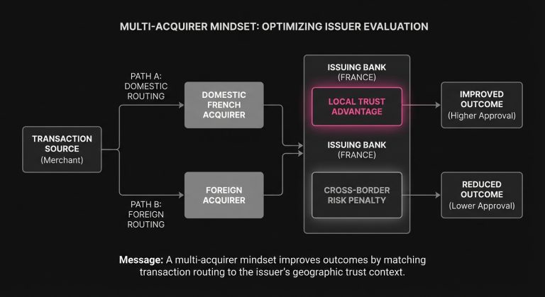 Diagram comparing a French issuer receiving authorization through a domestic French acquirer versus a foreign acquirer, highlighting differing trust and risk outcomes.