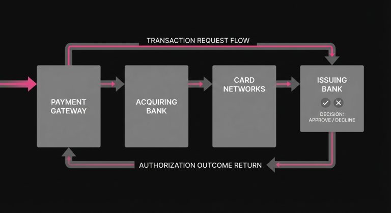Diagram of a payment request moving from gateway to acquiring bank to card network to issuing bank and back with an authorization response.