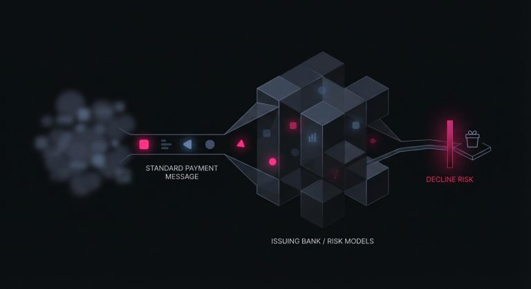 Conceptual representation of an issuing bank making a payment authorization decision using risk models and limited data from a standard payment message.