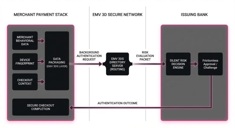 Diagram of EMV 3D Secure frictionless authentication using merchant data points sent to the issuing bank for silent approval.
