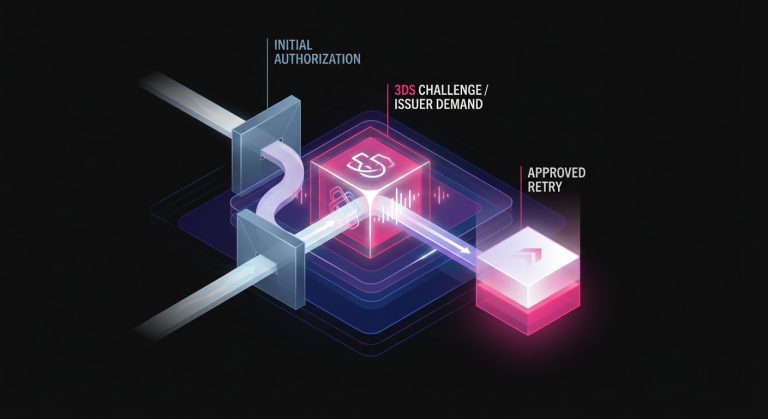 Conceptual image showing how a soft decline triggers a required 3D Secure challenge before the payment is retried and approved.