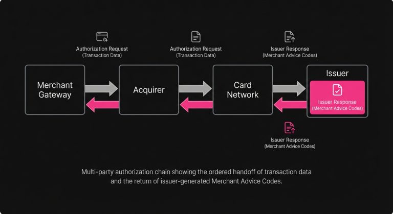 Diagram of a payment authorization request moving from merchant gateway to acquirer to card network to issuer, with the response returning through the same chain.