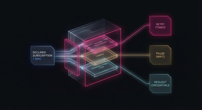 Conceptual image of SmartRetry interpreting Merchant Advice Codes and subscription context to decide the correct recovery action for declined payments.