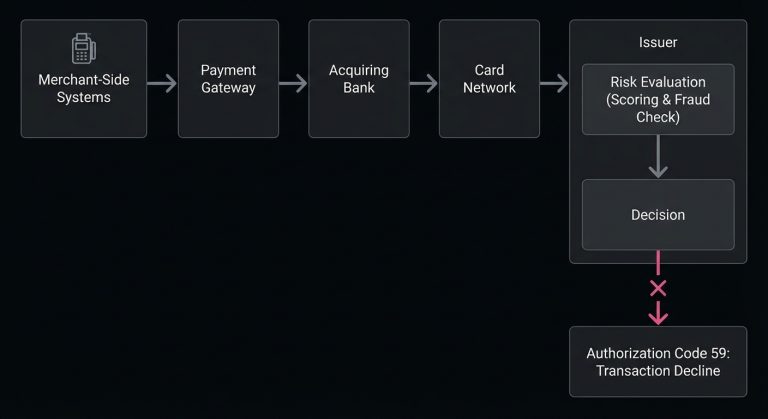 Diagram of transaction data moving through the payment gateway, acquiring bank, and card network to the issuer, where Authorization Code 59 is returned after risk evaluation.