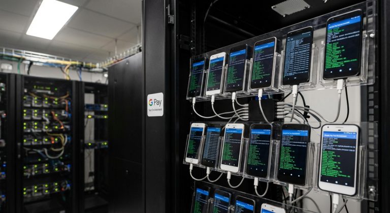 Realistic depiction of a payment testing setup state centered on provisioned devices with active network tokens used to validate Google Pay DPAN behavior.