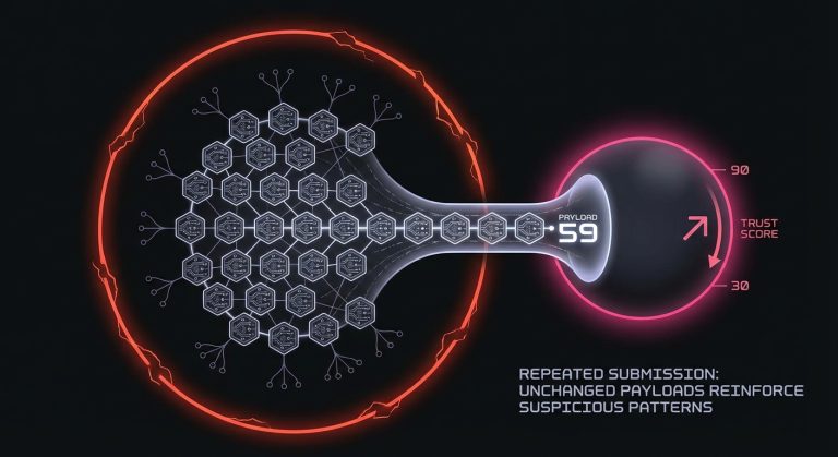 Conceptual illustration of repeated Authorization Code 59 retries reinforcing suspicious data patterns and lowering the merchant trust score.