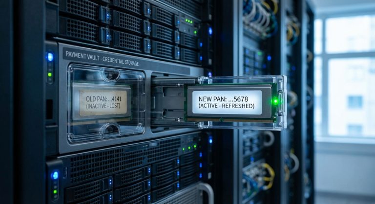 Realistic image representing a payment vault record updated from an old PAN to a new PAN through Account Updater after a lost card decline.