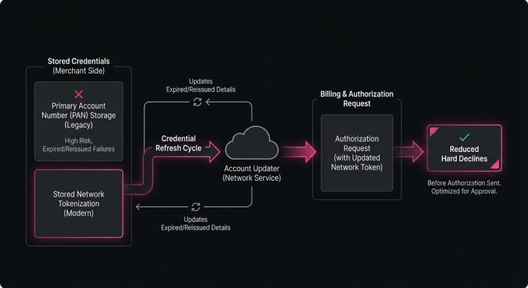 Diagram of network tokenization and Account Updater keeping payment credentials current to reduce hard declines before billing.