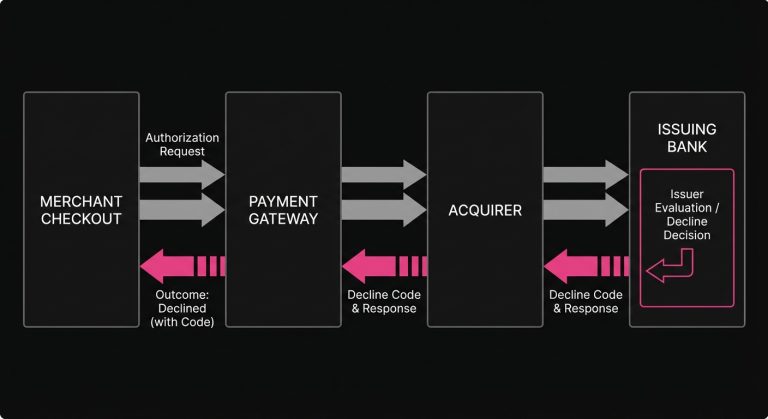 Diagram of an authorization request moving from checkout through gateway and acquirer to the issuing bank, with a decline code returned.