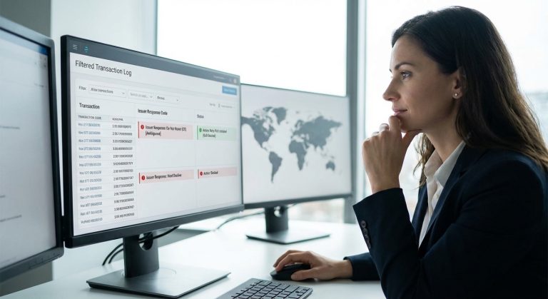 Realistic depiction of a payment operations outcome where issuer response codes such as Do Not Honor are categorized into soft decline and hard decline handling paths.